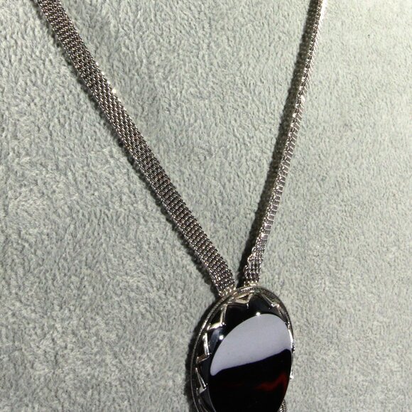 Vintage Whiting & Davis Mesh Chain Large Faux Hematite Pendant Necklace - Picture 5 of 7